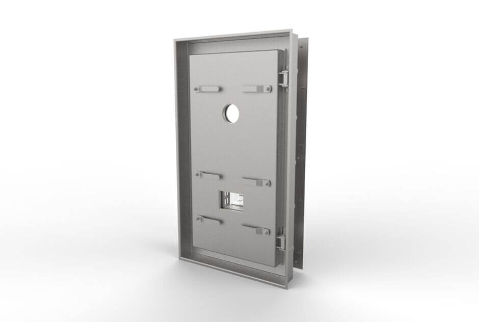 Pressure side view: HUBER pressure-tight door TT7 with inspection hatch and spotlight HUBER pressure-tight door TT7 with inspection hatch and spotlight, pressure side