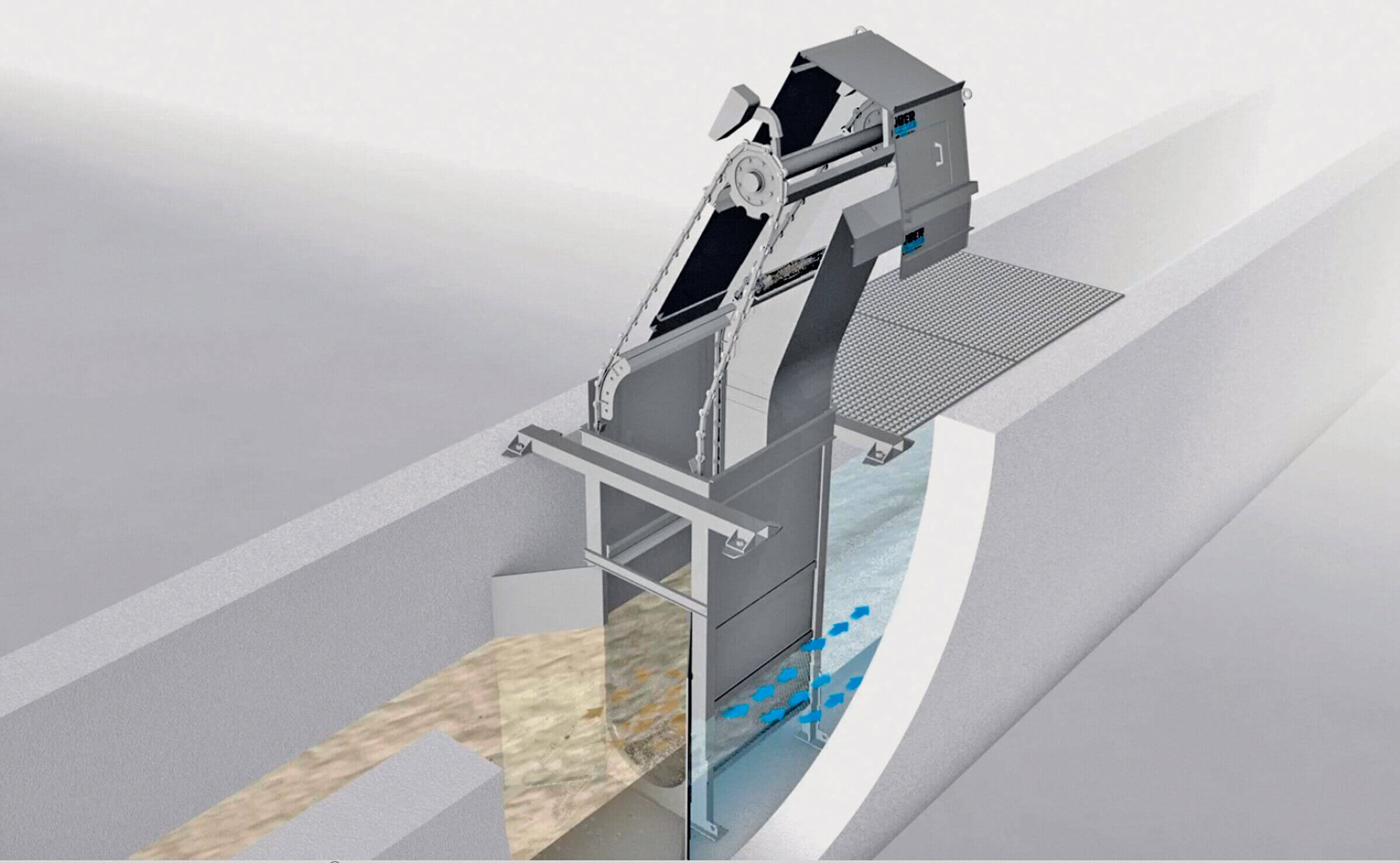 Design Sketch: Schematic drawing of the HUBER Multi-Rake Bar Screen RakeMax® CF with its U-shaped bar rack for an increased hydraulic throughput capacity