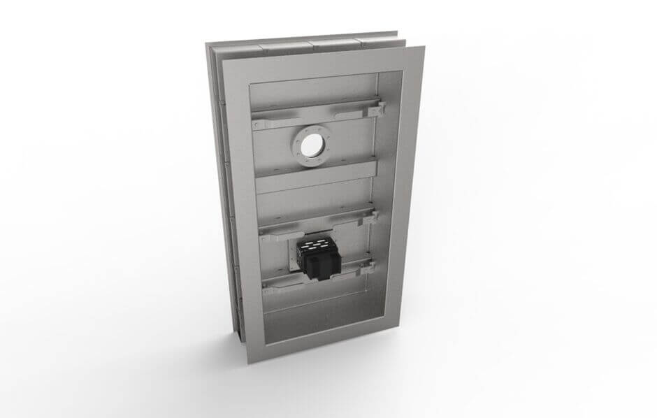 View from unpressurised side: HUBER pressure-tight door TT7 with inspection hatch and spotlight HUBER pressure-tight door TT7 with inspection hatch and spotlight, unpressurised side