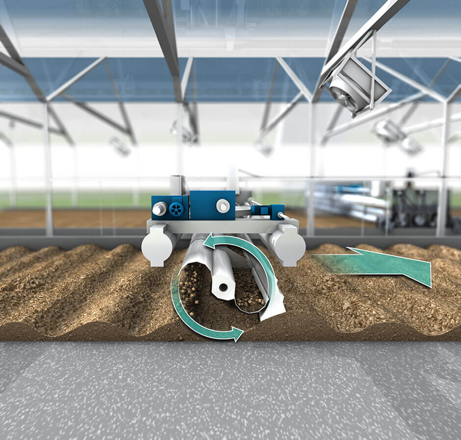 Design sketch: A double shovel is ploughing through the sludge bed and turning the sludge as the machine is moving through the greenhouse Design sketch: A double shovel is ploughing through the sludge bed and turning the sludge as the machine is moving through the greenhouse