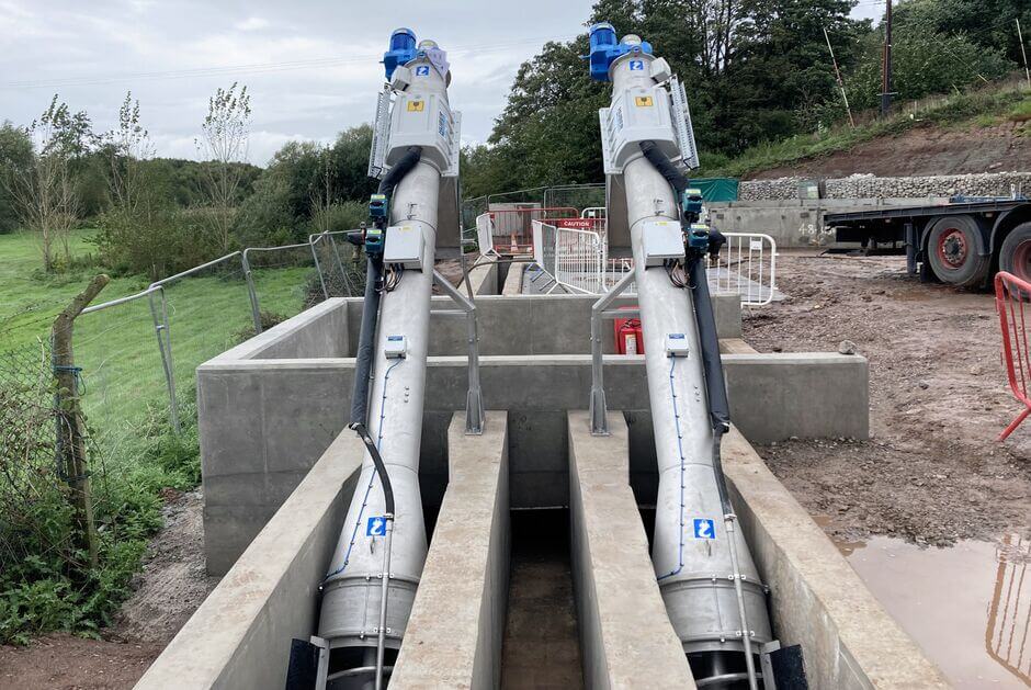 Two parallel HUBER Micro Strainer ROTAMAT® Ro9 in concrete channel during construction phase at Audlem, Cheshire Two parallel HUBER Micro Strainer ROTAMAT® Ro9 in concrete channel during construction phase at Audlem, Cheshire