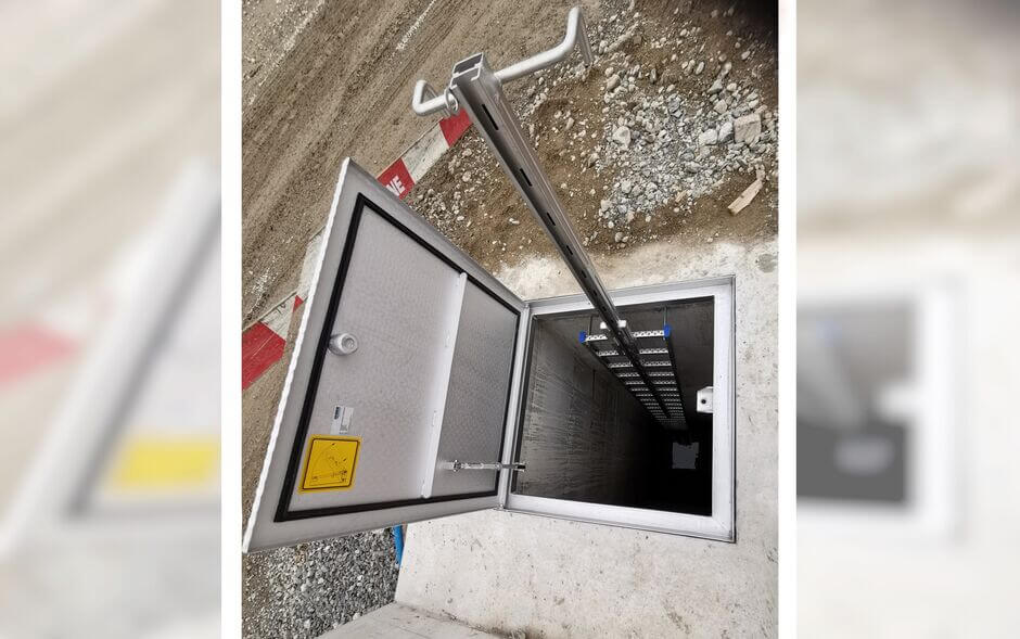 HUBER manhole cover SD11 with safety access ladder and guard rail HUBER manhole cover SD11 with safety access ladder and guard rail