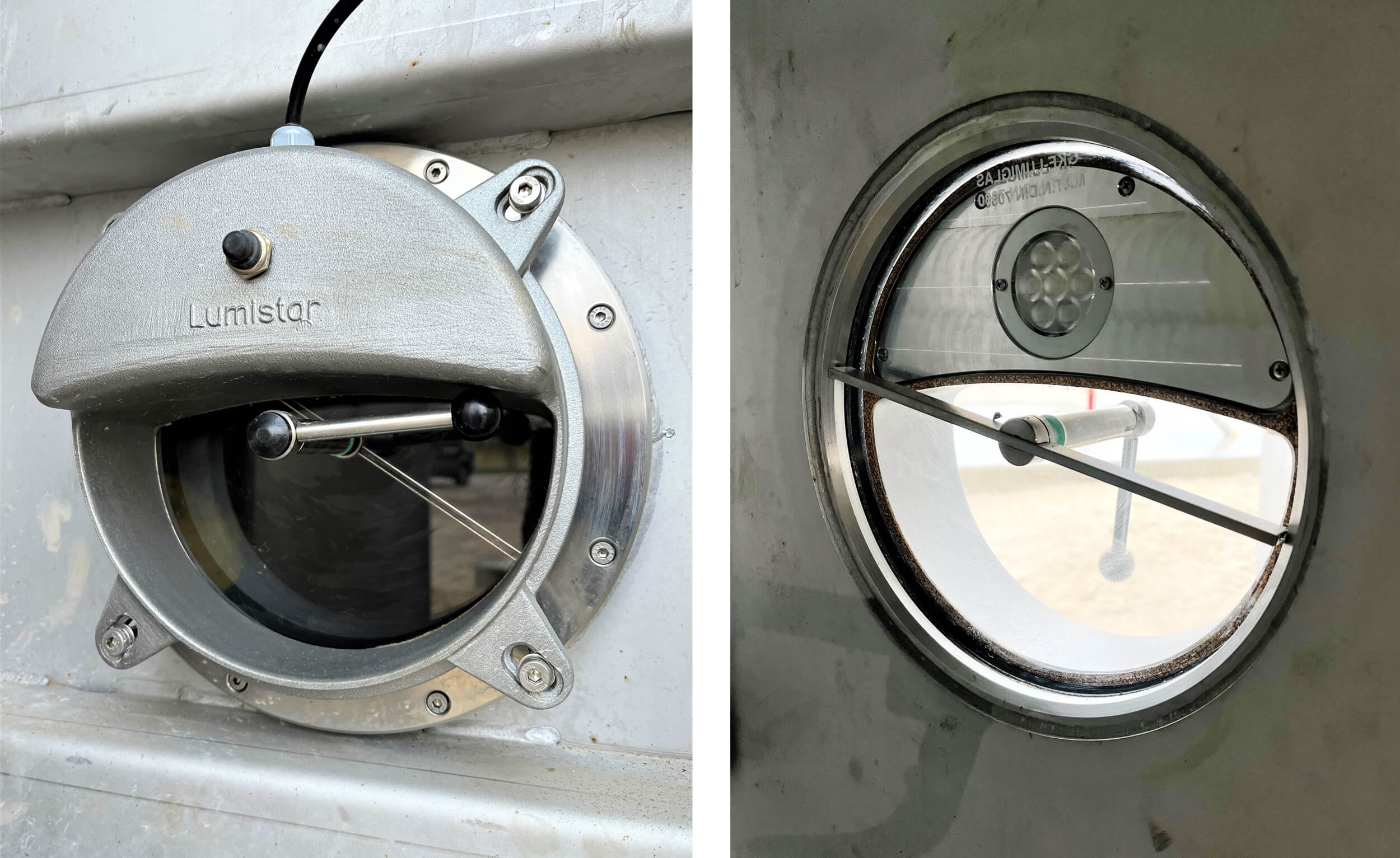 Sight glass with wipers and LED lighting integrated into the pressure-tight doors - outside and inside view