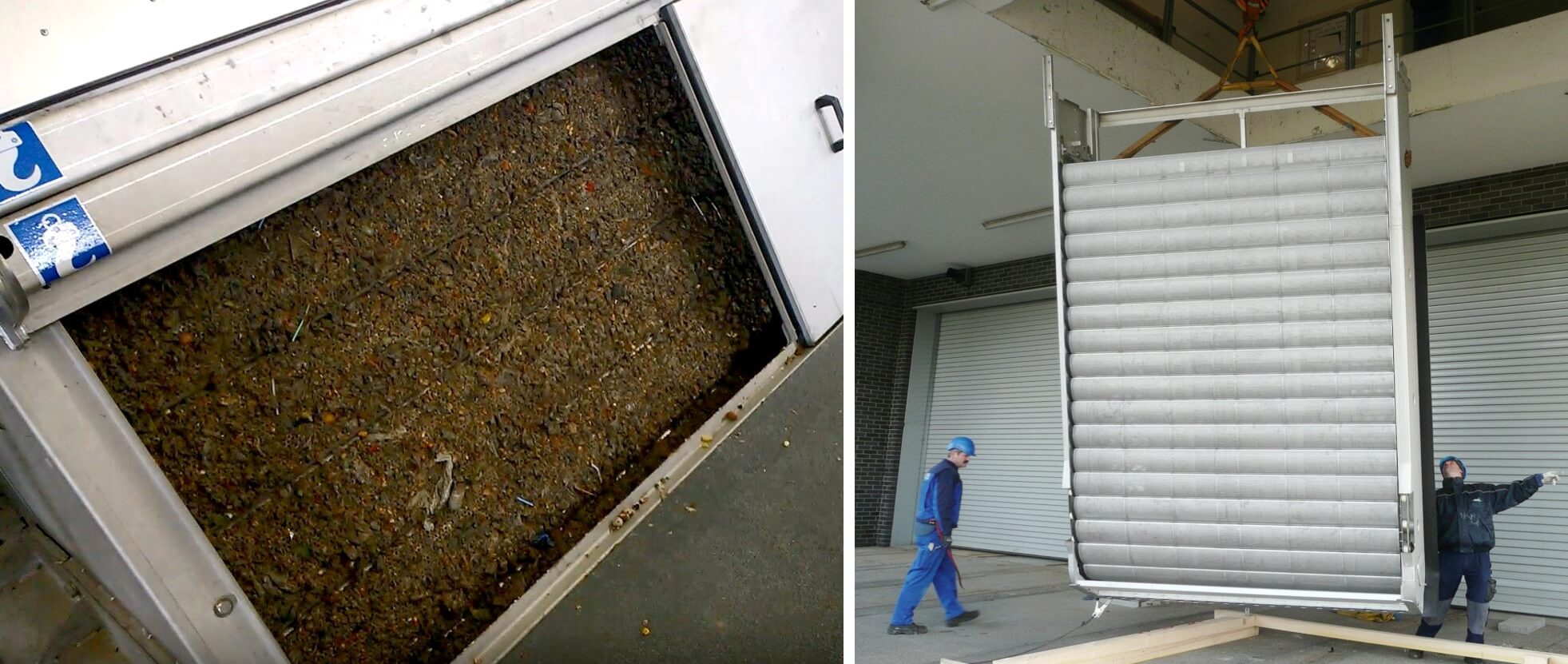 HUBER Belt Screen EscaMax®: Blinding of the screen during load operation and insertion of the bottom part of a two-part HUBER EscaMax® screen into the screen building HUBER Belt Screen EscaMax®: Blinding of the screen during load operation and insertion of the bottom part of a two-part HUBER EscaMax® screen into the screen building