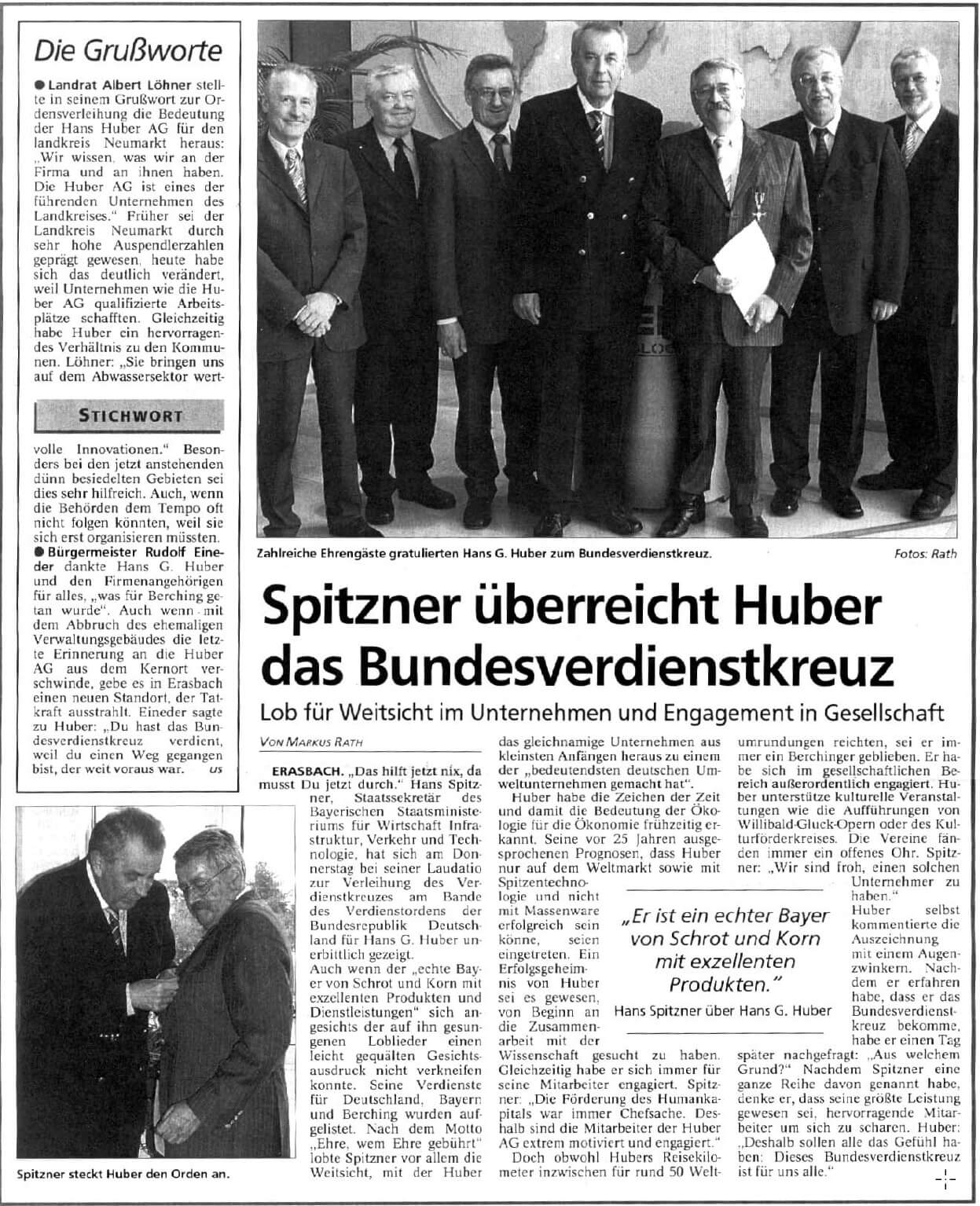 Bundesverdienstkreuz für Hans Huber - Artikel des Neumarkter Tagblatts abrufen Bundesverdienstkreuz am Bande für Hans Huber
