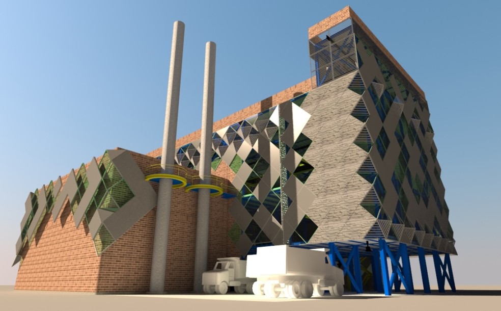 Design drawing of the finished sludge treatment building Design drawing of the finished sludge treatment building