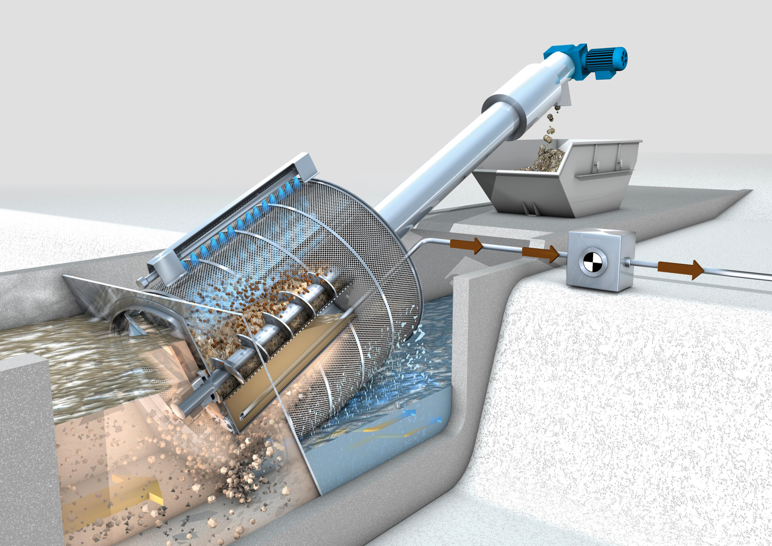 HUBER Rotary Drum Fine Screen ROTAMAT® PRO design, the liquid phase in the trough is pumped off. Design sketch: HUBER Rotary Drum Fine Screen ROTAMAT® PRO design, the liquid phase in the trough is pumped off.