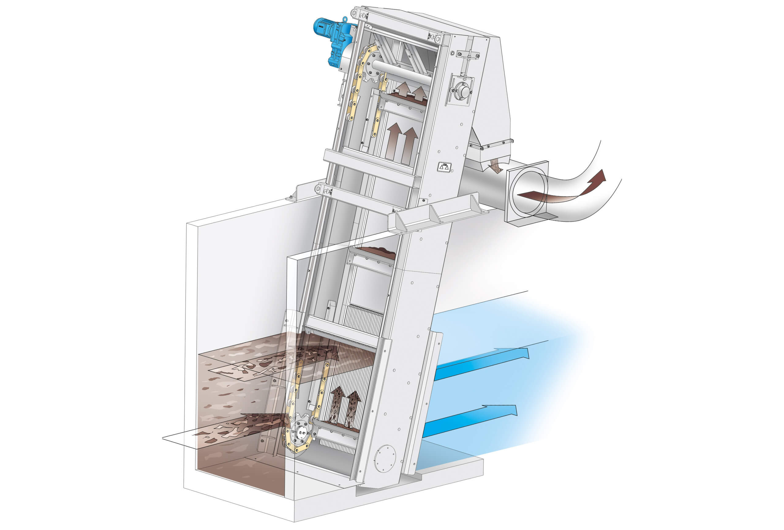 Design sketch: Schematic drawing of the HUBER Multi-Rake Bar Screen RakeMax®