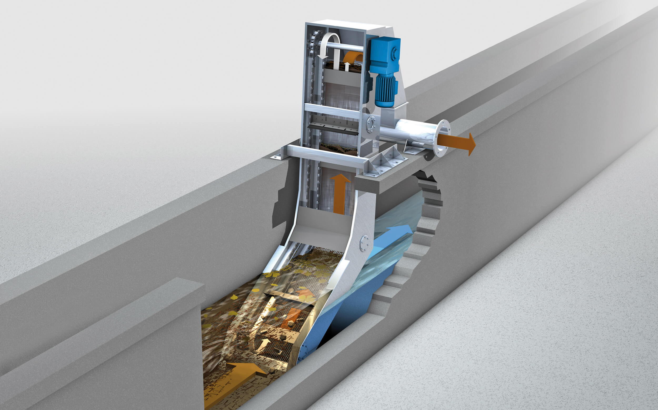Design sketch: The schematic drawing of the RakeMax®-hf screen shows the transition from the flat bar rack providing favourable hydraulic conditions to the steep bar rack section