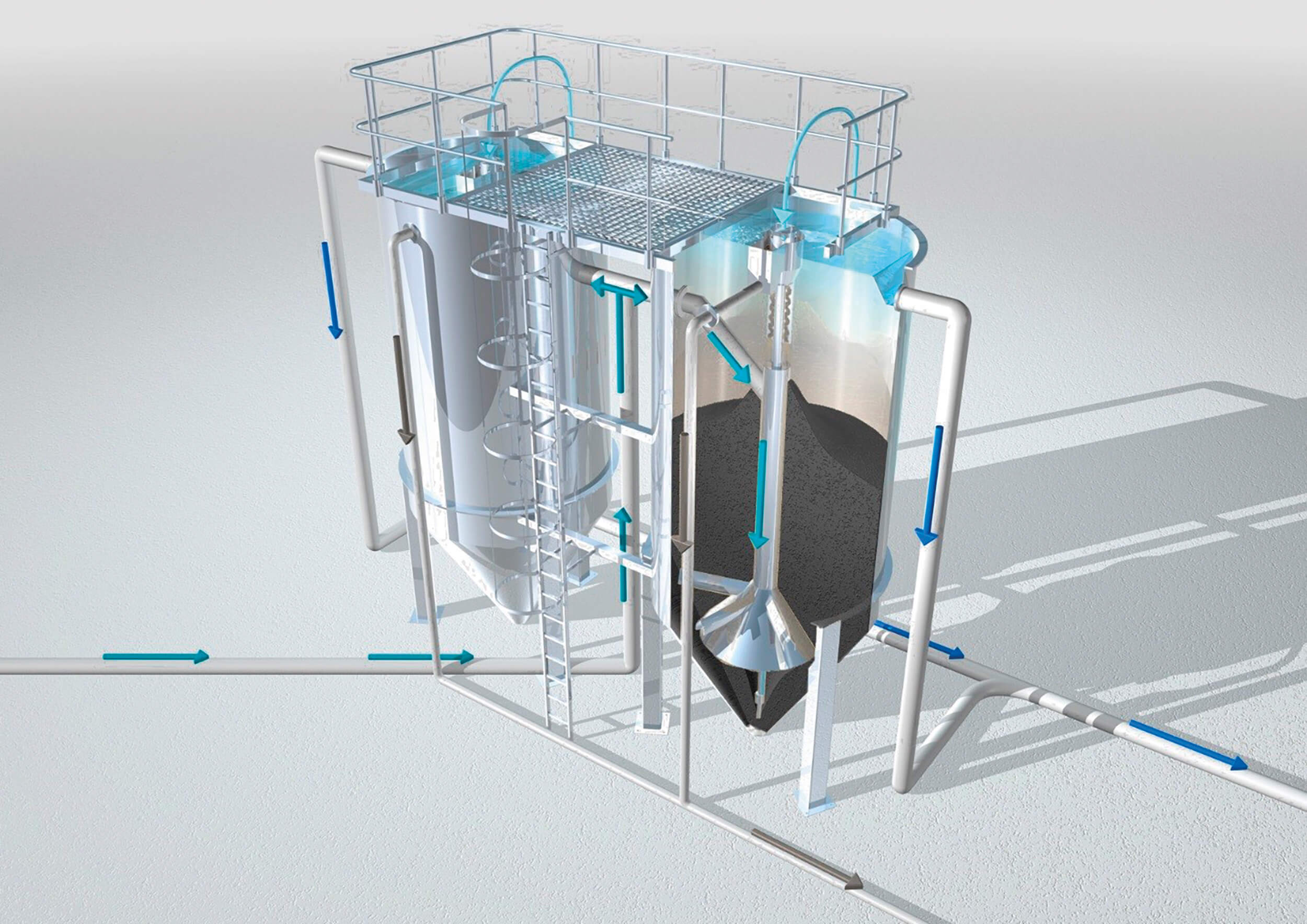The HUBER Activated Carbon Filter CONTIFLOW® GAK removes trace substances by adsorption. Design sketch: HUBER Active Carbon Filter CONTIFLOW® GAK (tank design)