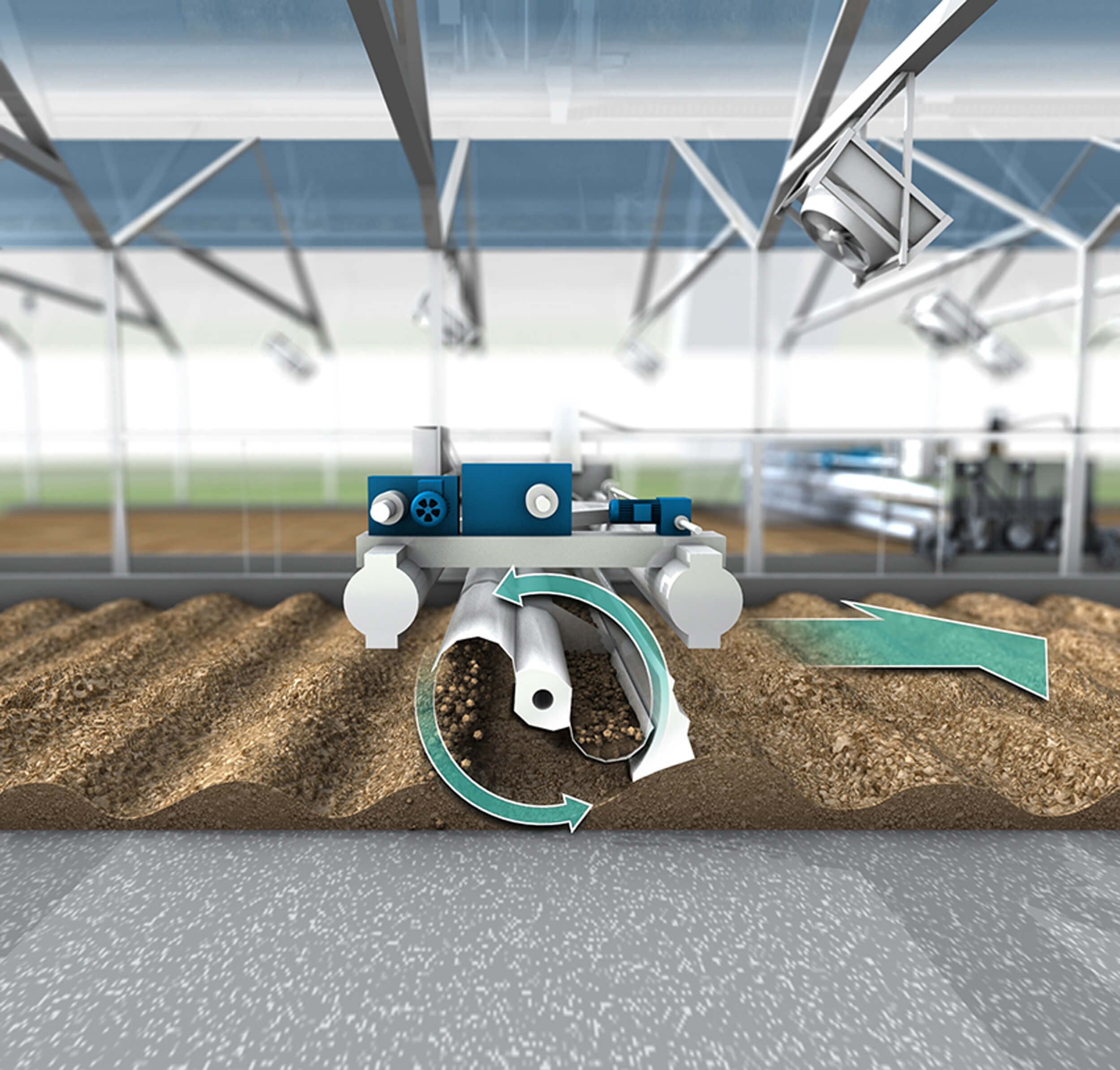 Design sketch: A double shovel is ploughing through the sludge bed and turning the sludge as the machine is moving through the greenhouse Design sketch: A double shovel is ploughing through the sludge bed and turning the sludge as the machine is moving through the greenhouse