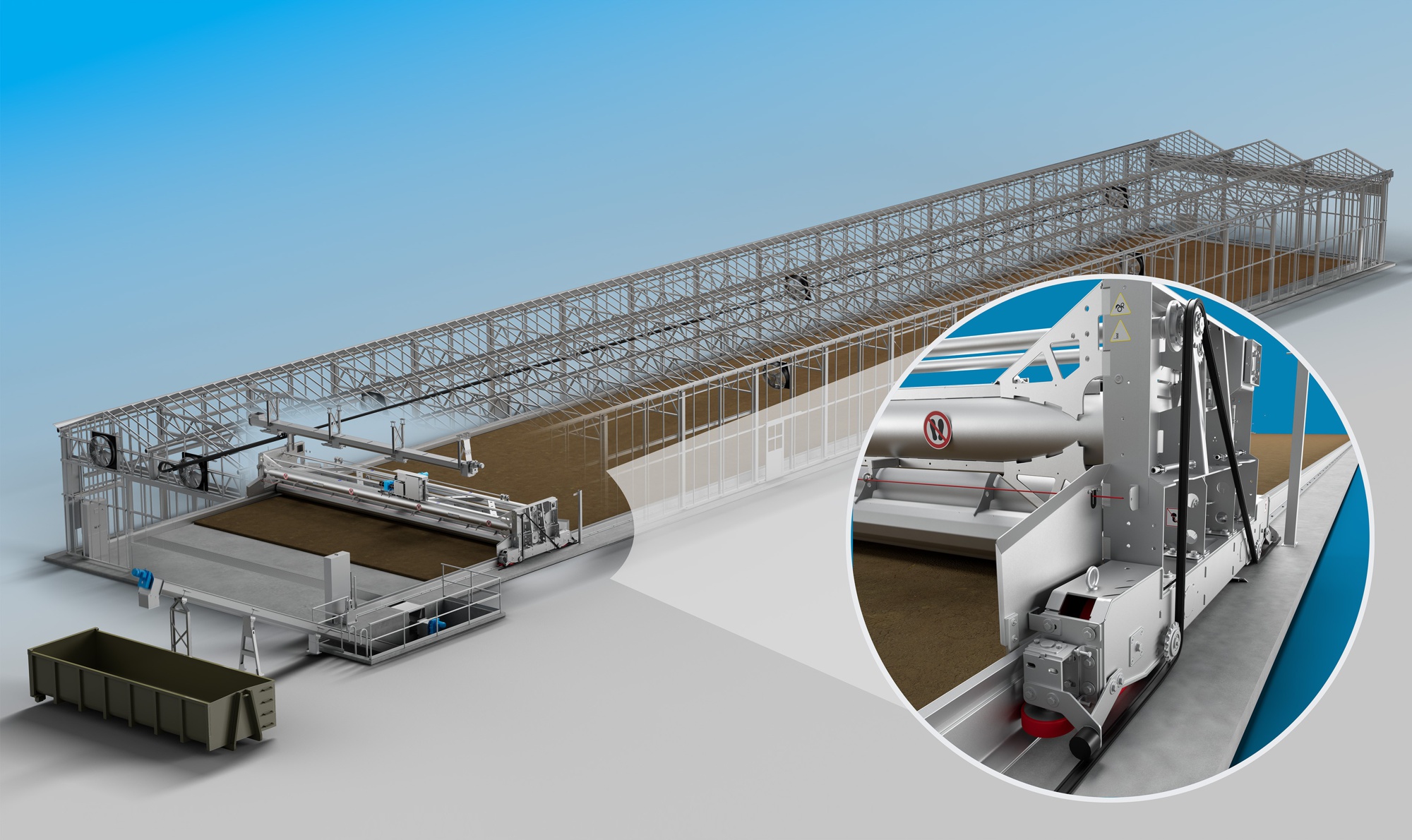 Vollautomatisierte solare Trocknungsanlage mit dem HUBER Schlammwender SOLSTICE® FloorRunner.